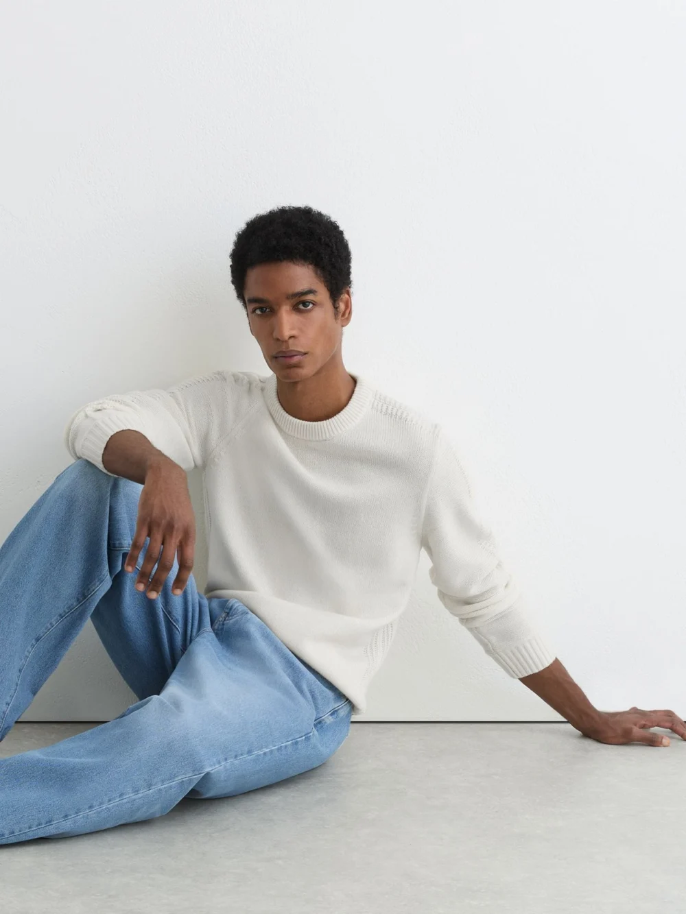 Reiss White Wool-blend Rib-detail Crew-neck Jumper