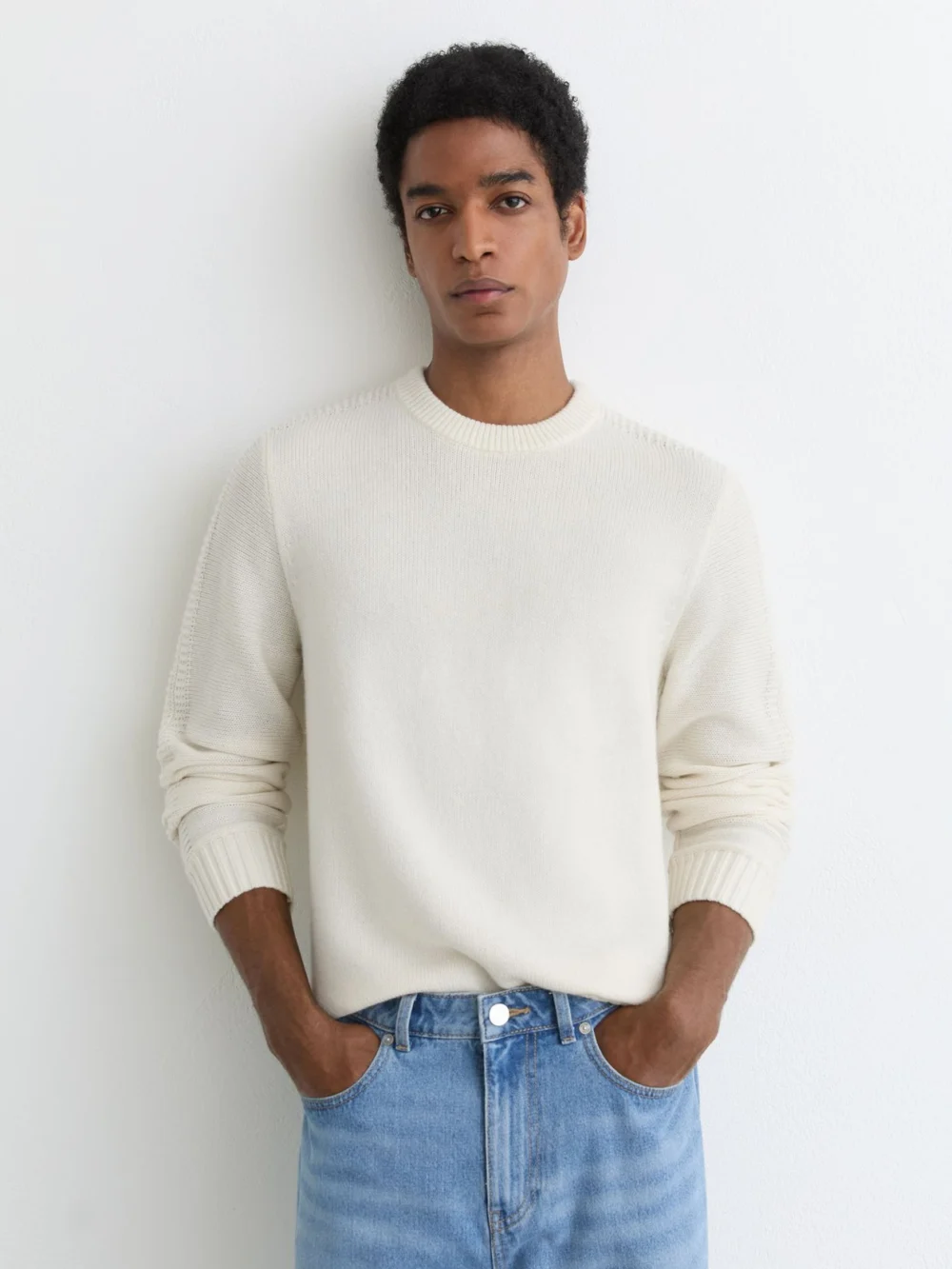 Reiss White Wool-blend Rib-detail Crew-neck Jumper, view 3