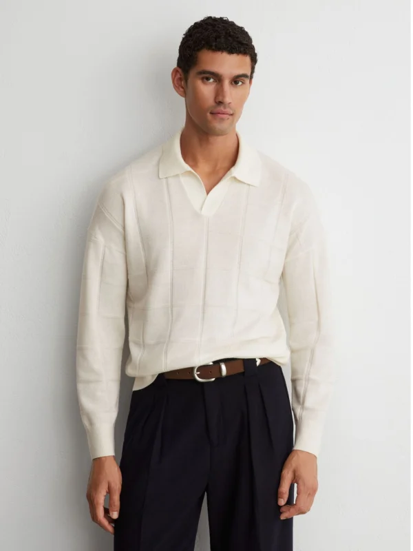 Reiss White Wool Square-textured Open-collar Polo Jumper