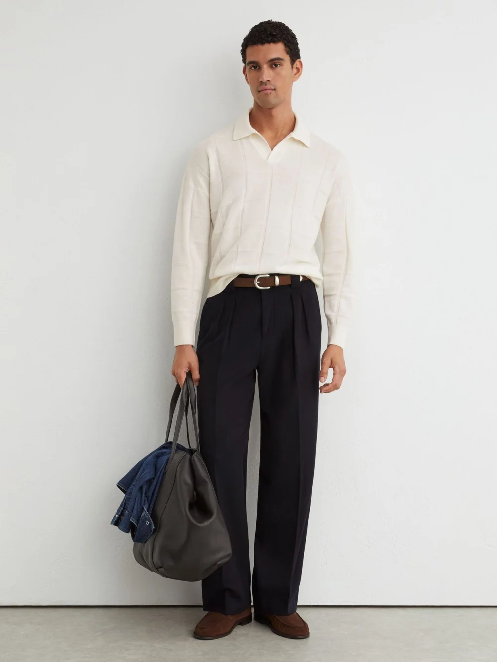 Reiss White Wool Square-textured Open-collar Polo Jumper, view 3
