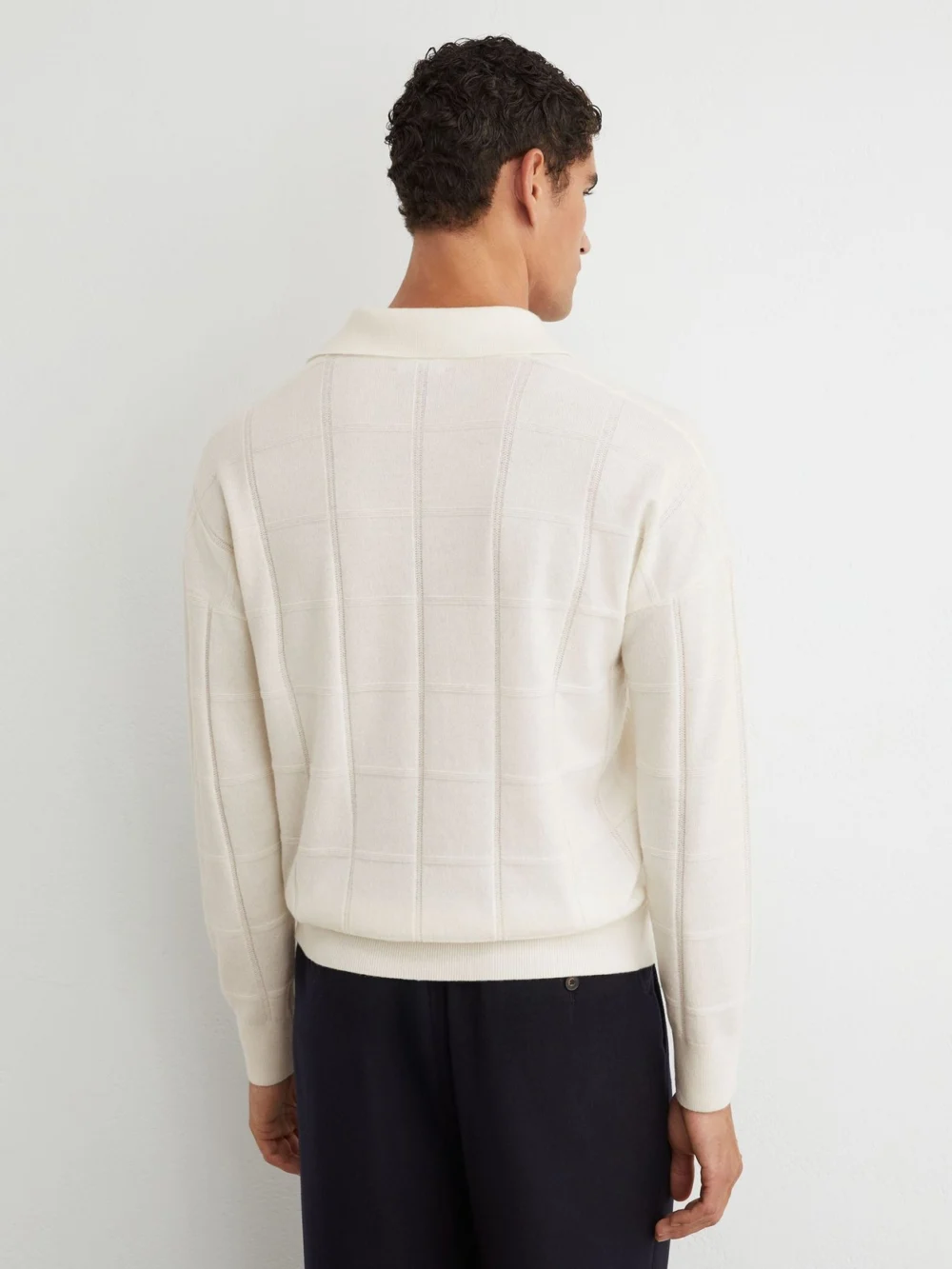 Reiss White Wool Square-textured Open-collar Polo Jumper, view 4