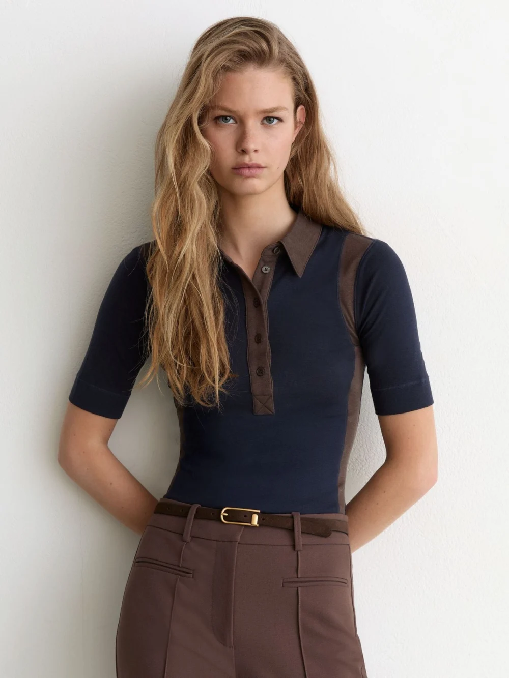 Reiss Winnie Navy & Chocolate Brown Colour-block Half-button Top with Wool in navy/brown