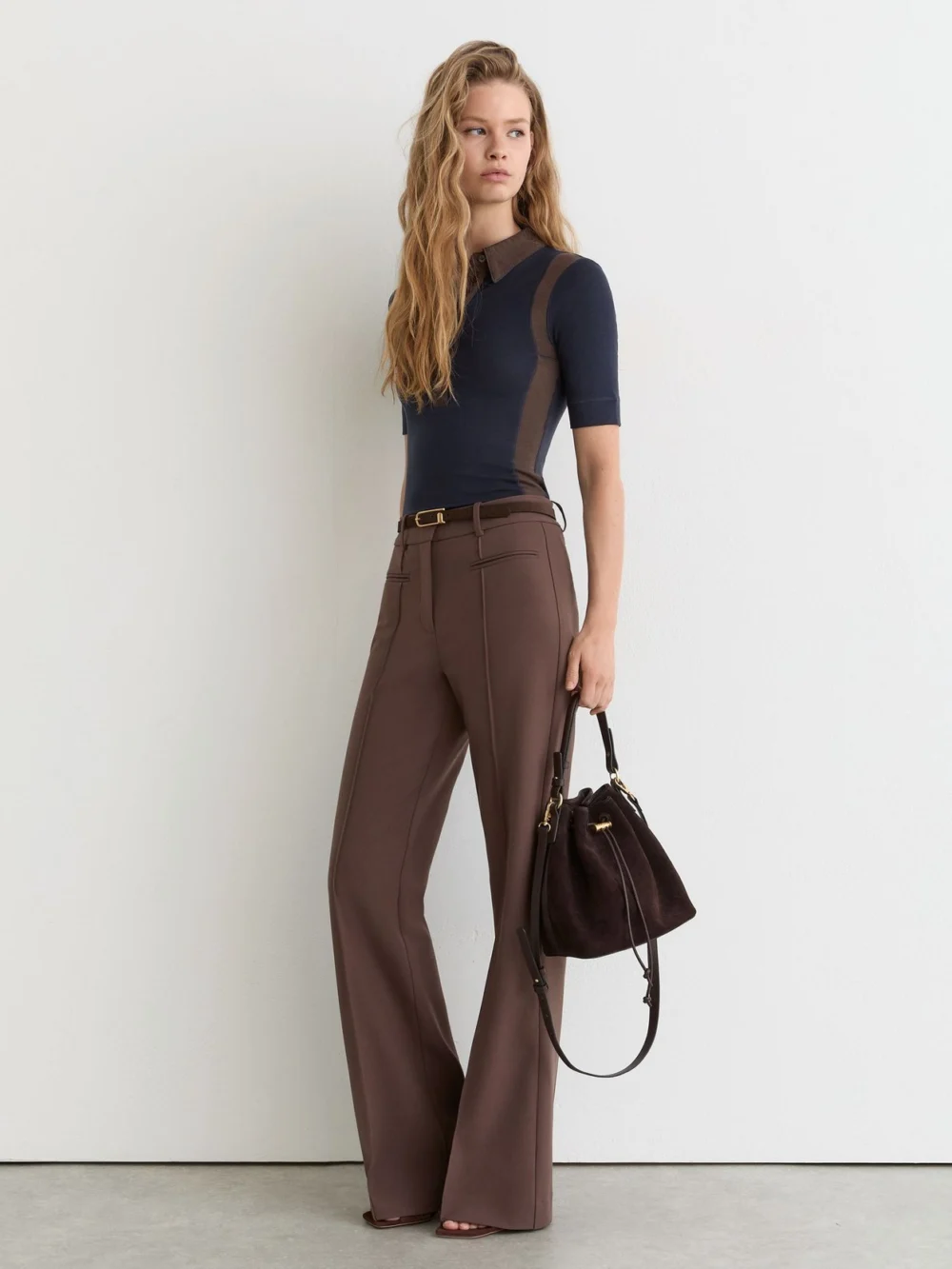 Reiss Winnie Navy & Chocolate Brown Colour-block Half-button Top with Wool, view 3