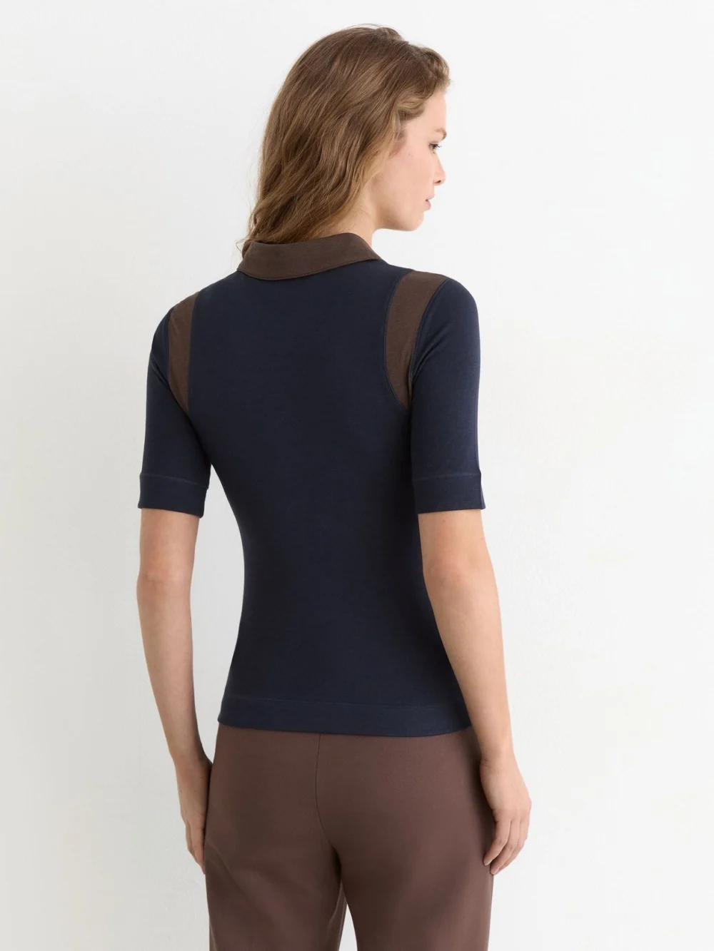Reiss Winnie Navy & Chocolate Brown Colour-block Half-button Top with Wool, view 4