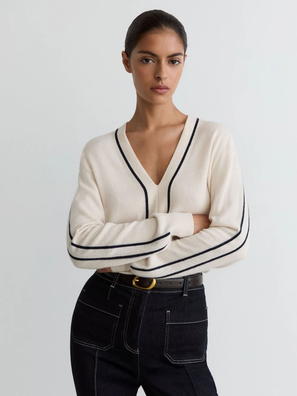 Reiss Wool-blend V-neck Stripe-detail Jumper with Cashmere, view 4