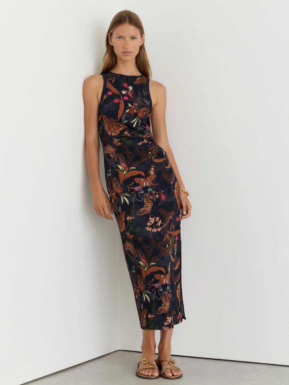 Reiss X NYBG Navy Printed Jersey Midi Dress, view 3