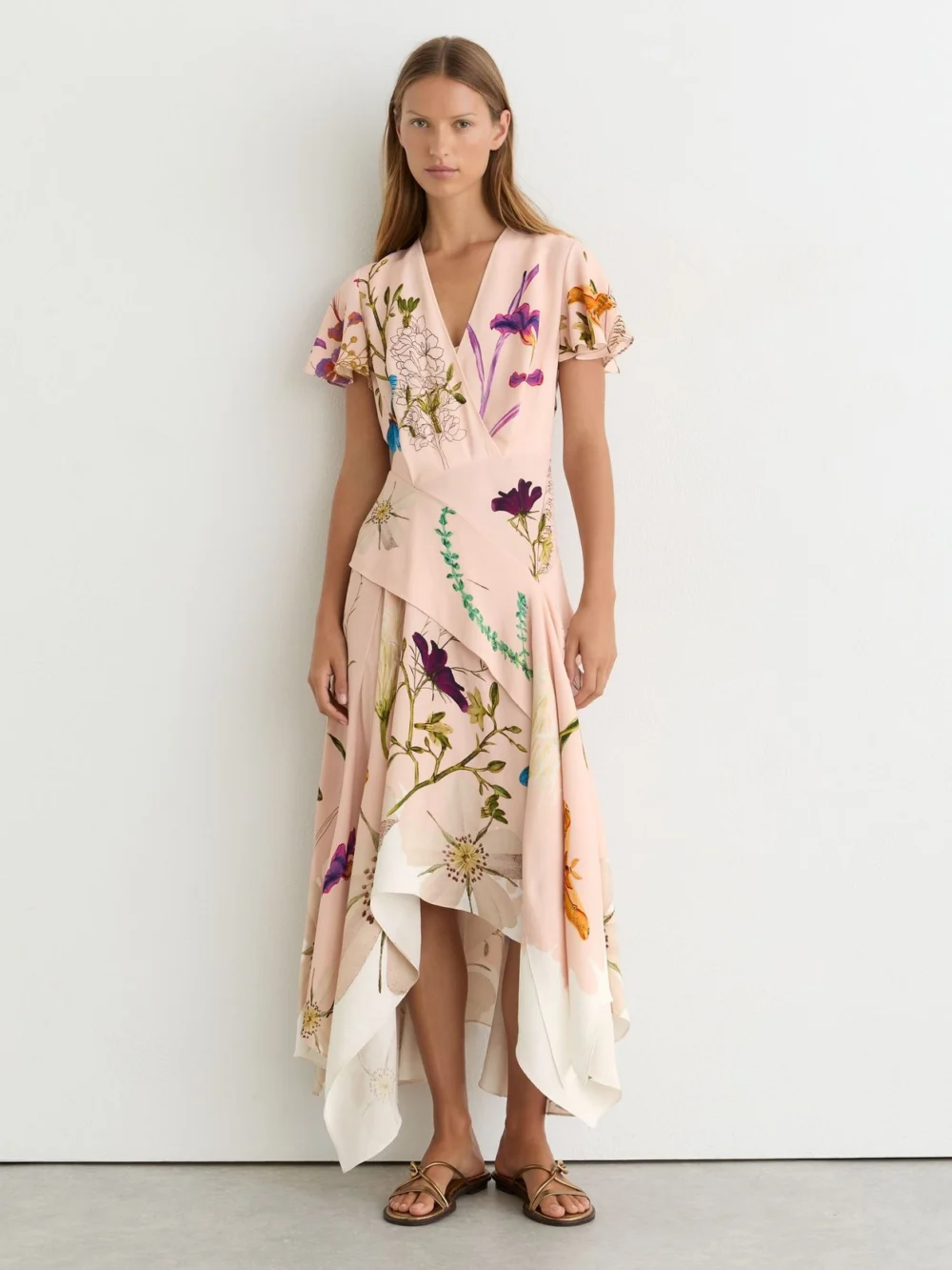 Reiss X NYBG Pale Pink Printed Handkerchief-hem Dress, view 3