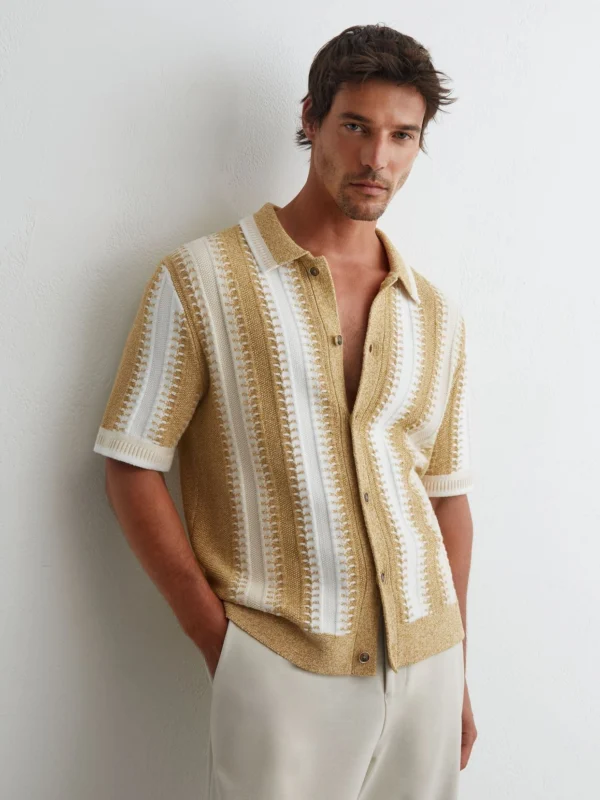Reiss Yellow & White Stitch-detail Stripe Knitted Shirt with Cotton