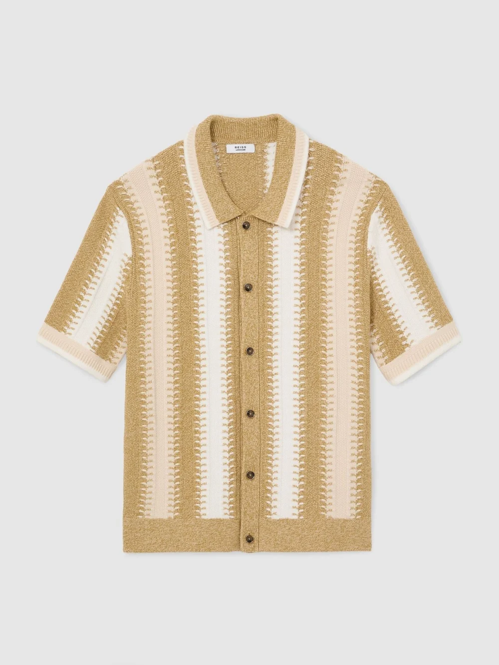 Reiss Yellow & White Stitch-detail Stripe Knitted Shirt with Cotton, view 2