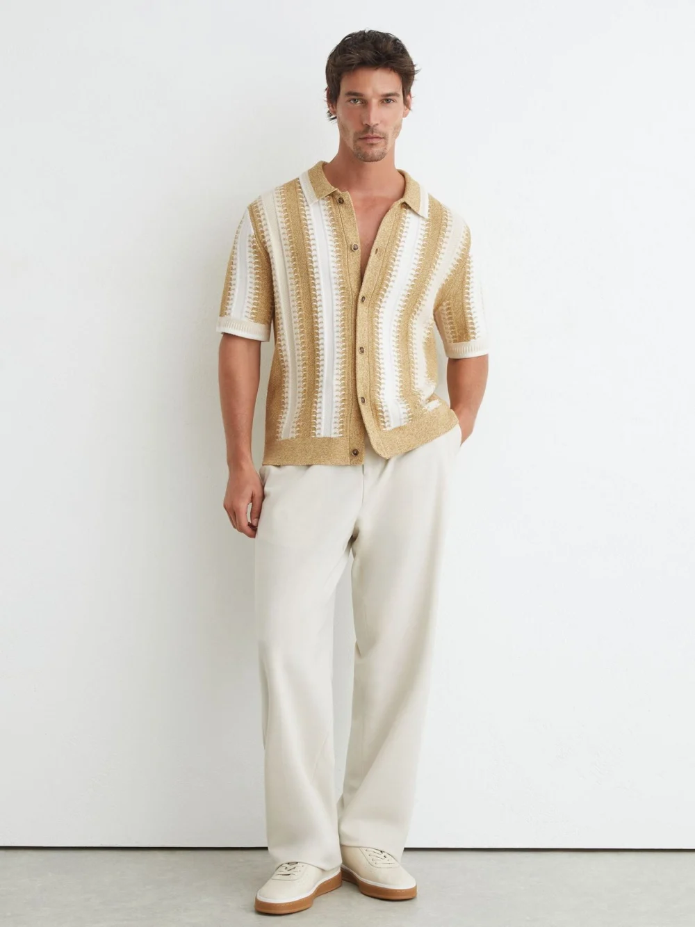 Reiss Yellow & White Stitch-detail Stripe Knitted Shirt with Cotton, view 3