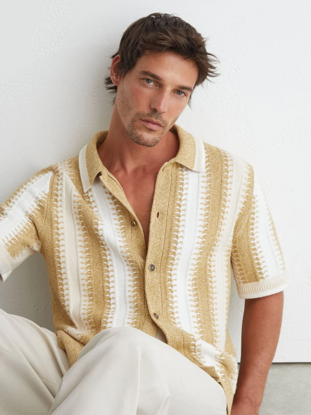 Reiss Yellow & White Stitch-detail Stripe Knitted Shirt with Cotton, view 4