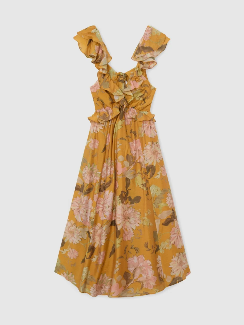 Reiss Yellow Floral-print Frill-trim Midi Dress, view 2