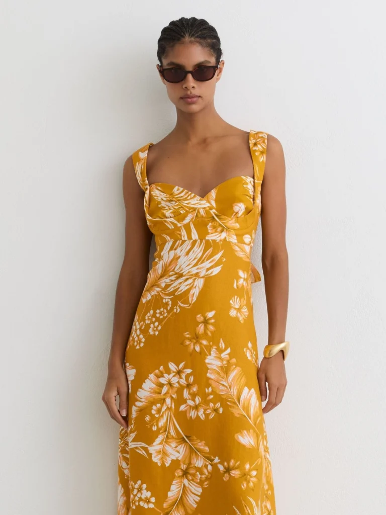 Reiss Yellow Linen Floral-print Midi Dress