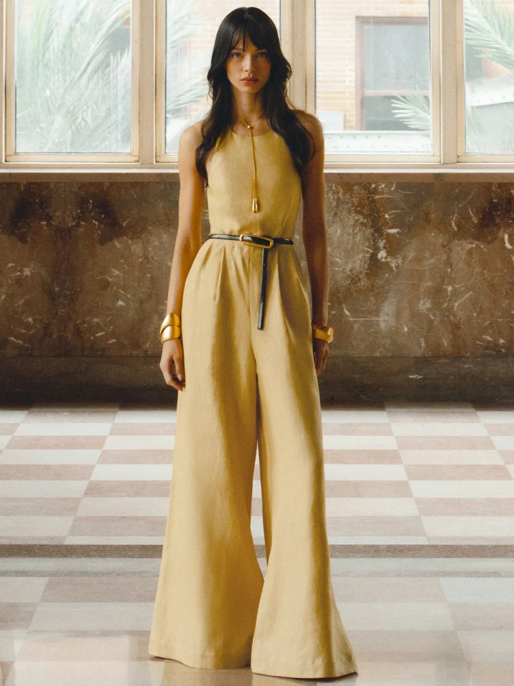 Reiss Yellow Linen Open-back Wide-leg Jumpsuit