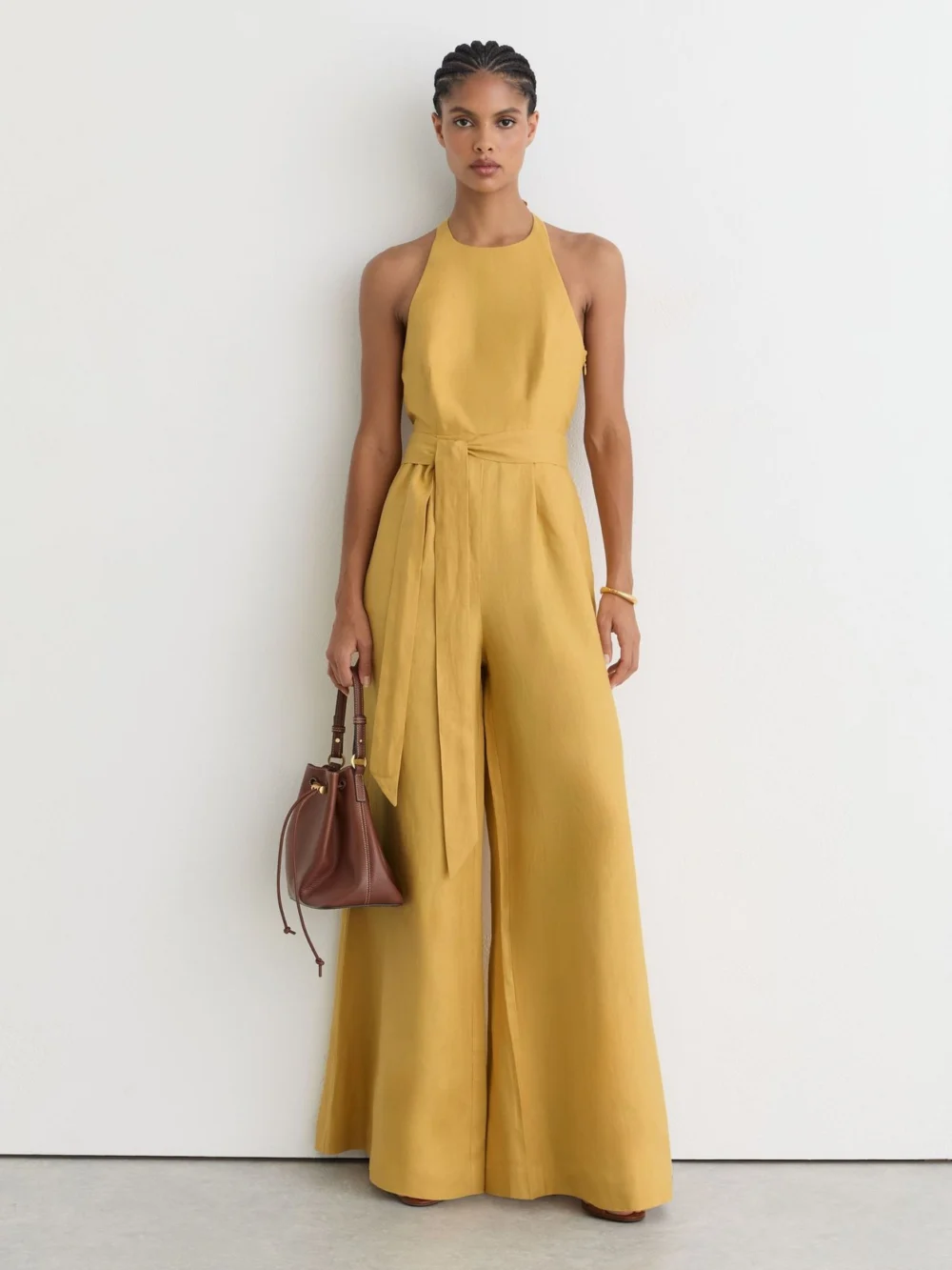 Reiss Yellow Linen Open-back Wide-leg Jumpsuit, view 3