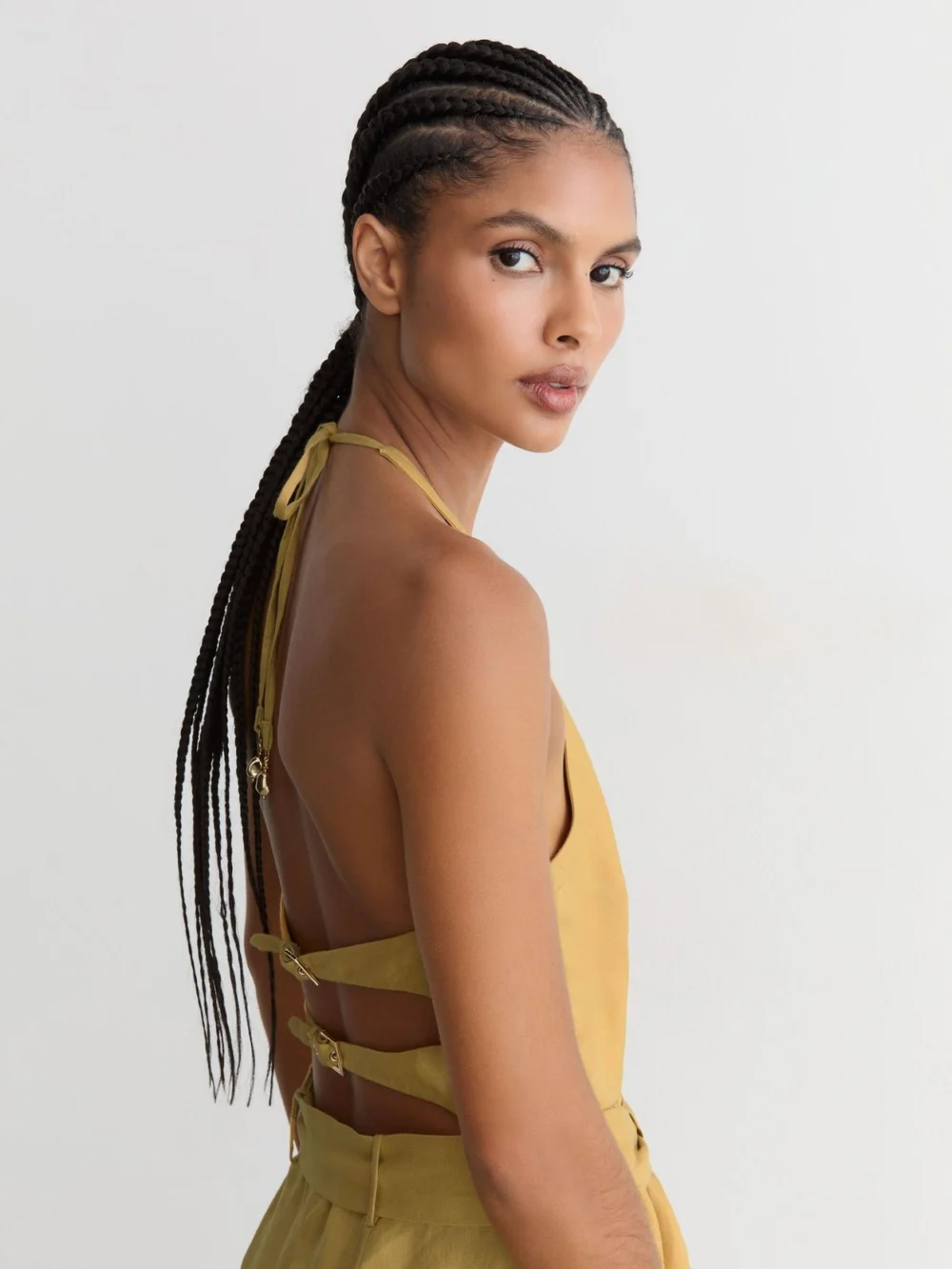 Reiss Yellow Linen Open-back Wide-leg Jumpsuit, view 4