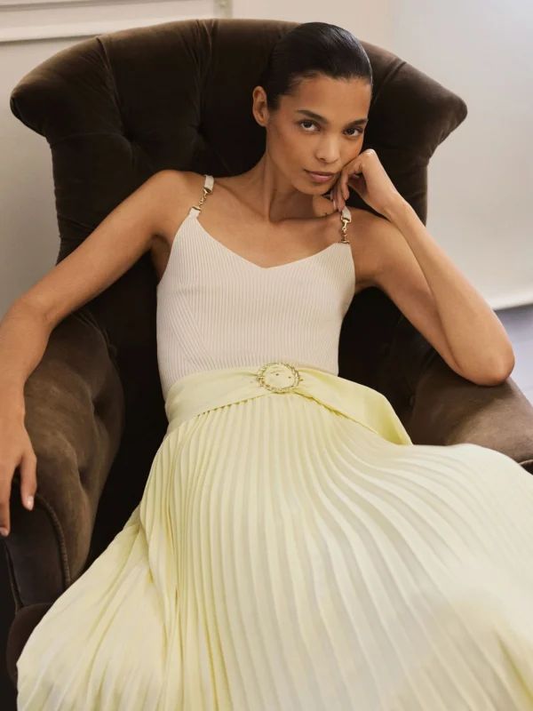 Reiss Yellow Pleated Belted Midi Skirt