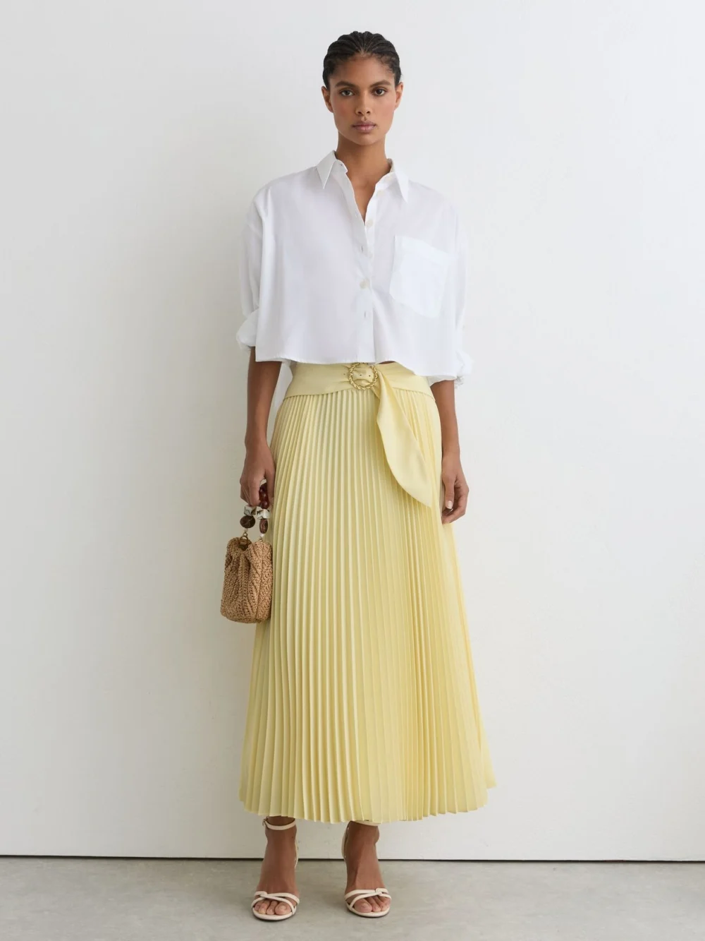 Reiss Yellow Pleated Belted Midi Skirt, view 4