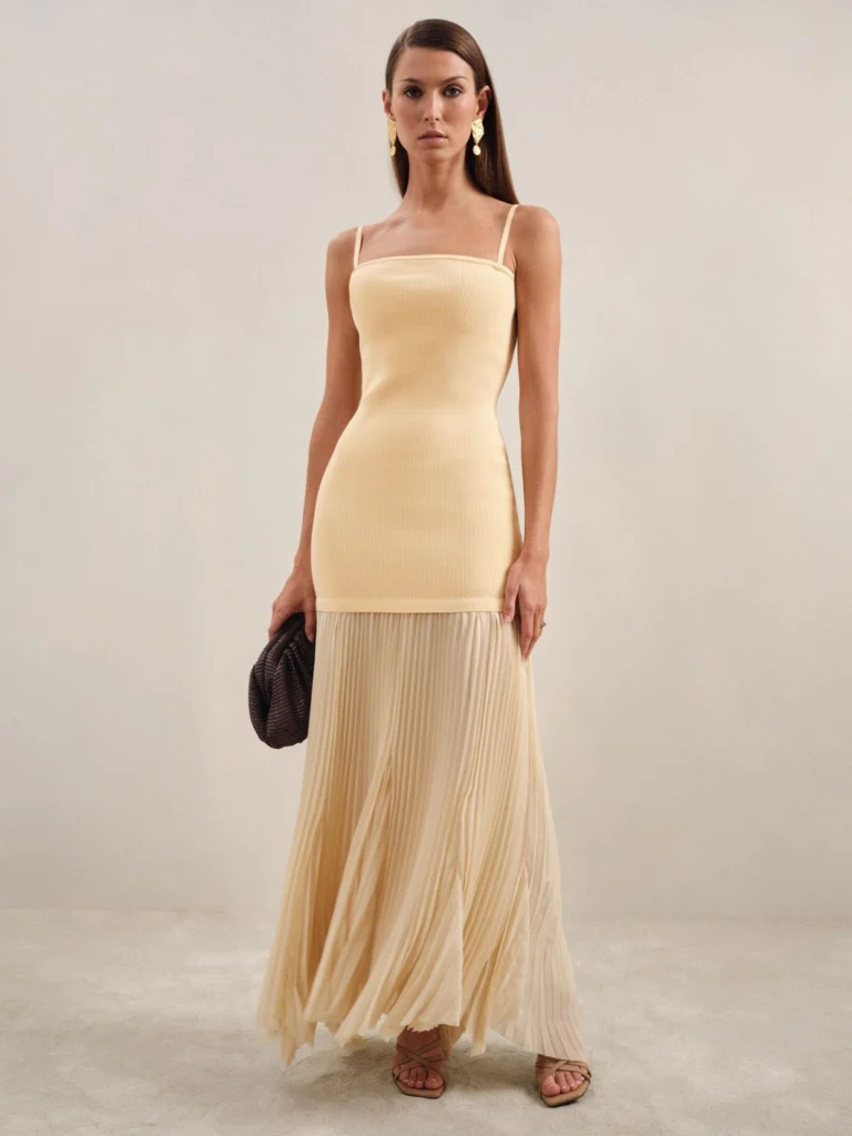 Reiss Yellow Ribbed Midi Dress