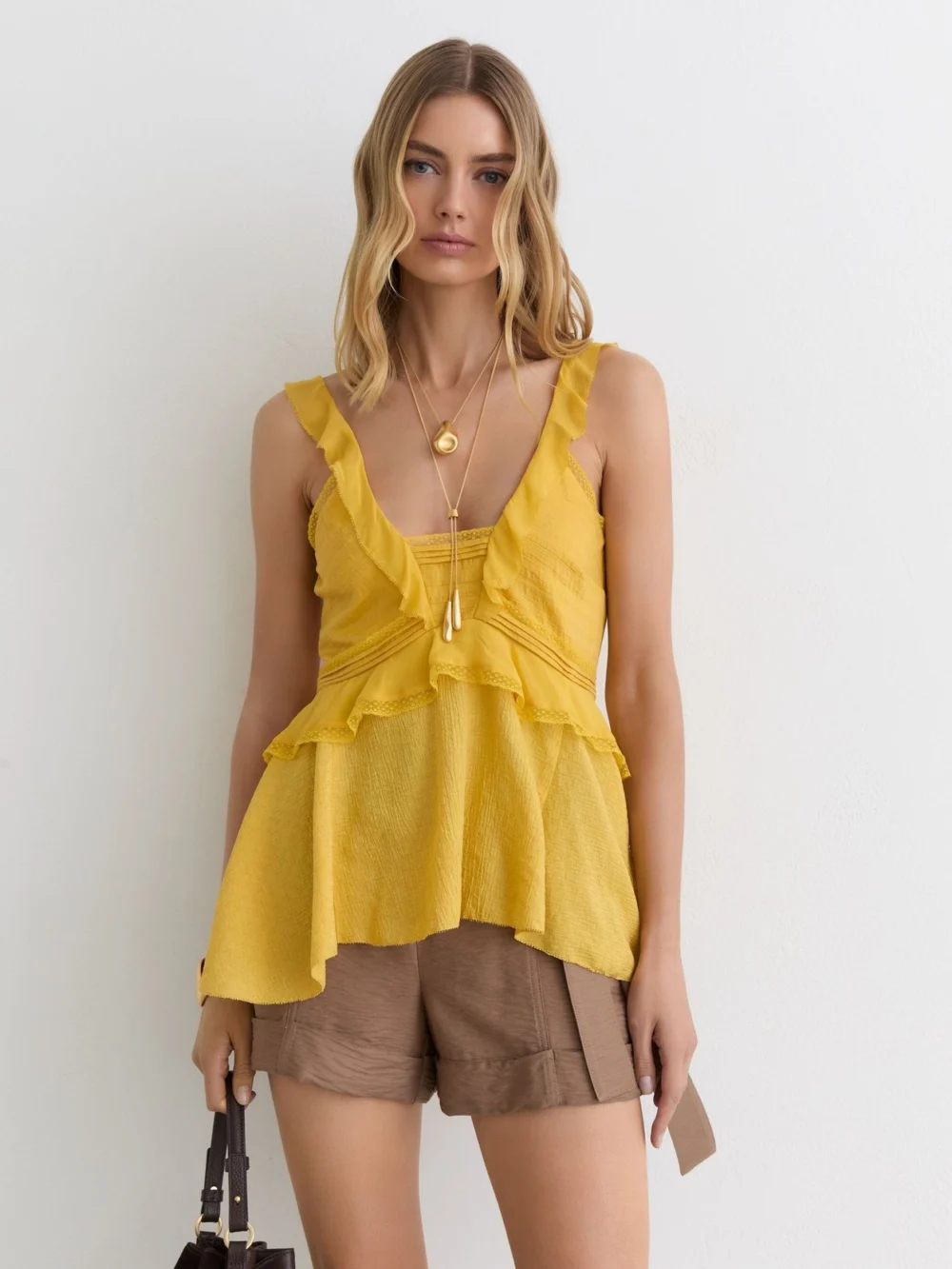 Reiss Yellow Ruffle Babydoll Cami Top, view 4