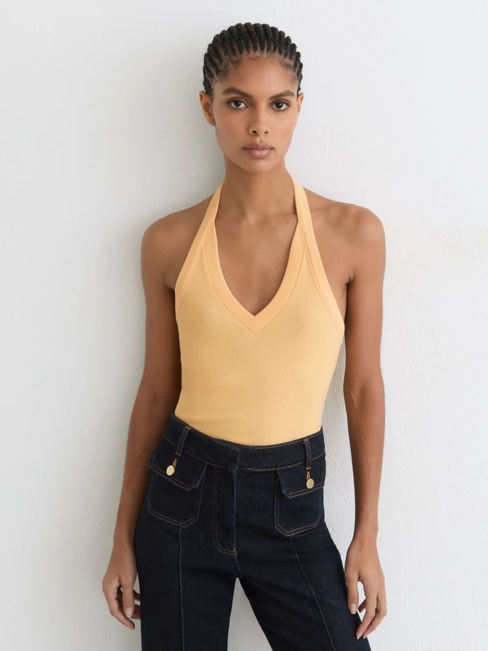 Reiss Yellow Stretch-cotton Ribbed Halterneck Vest, view 3