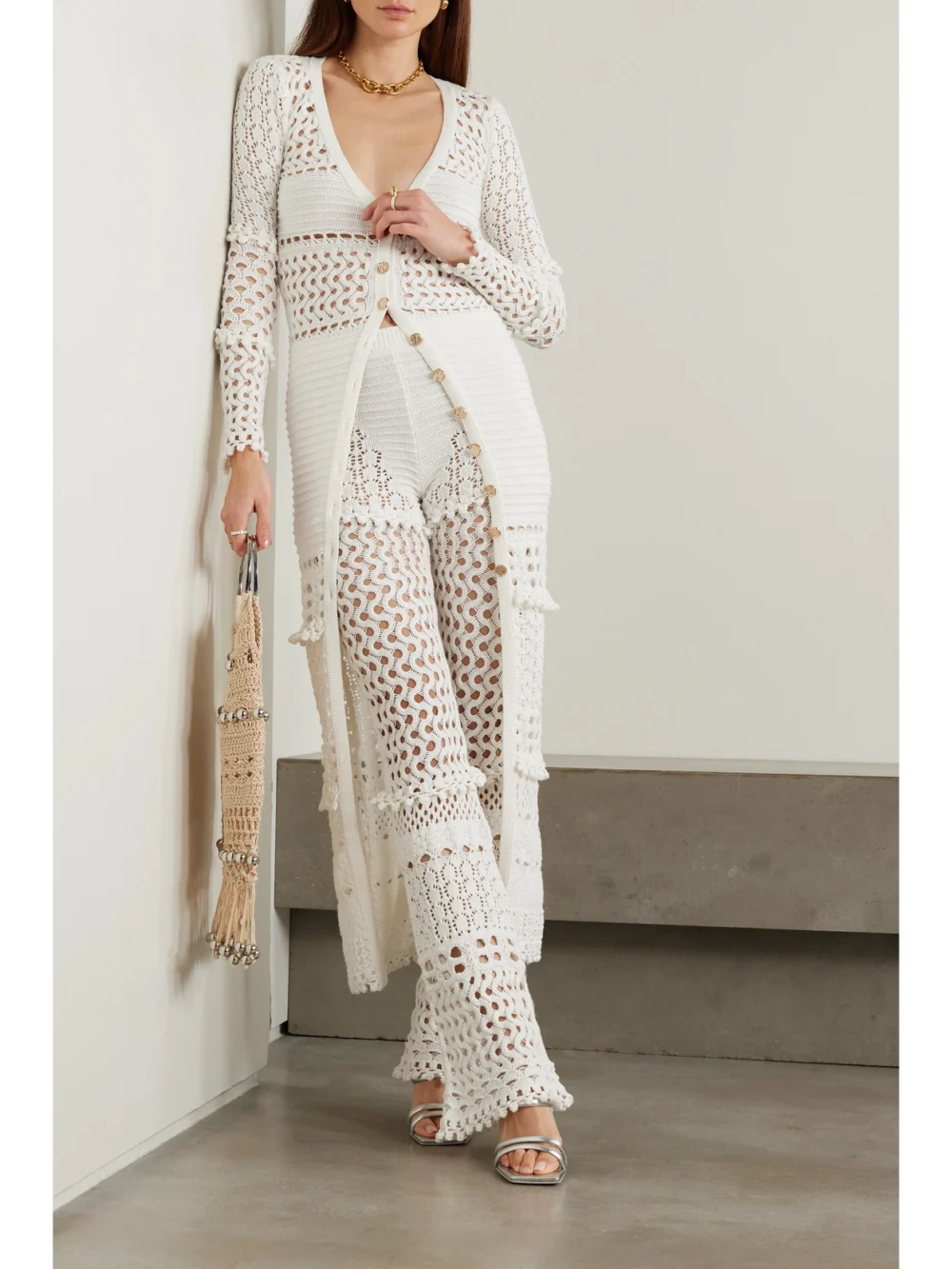 Retrofête Alaia Iridescent Crochet-knit Cardigan, worn by a model