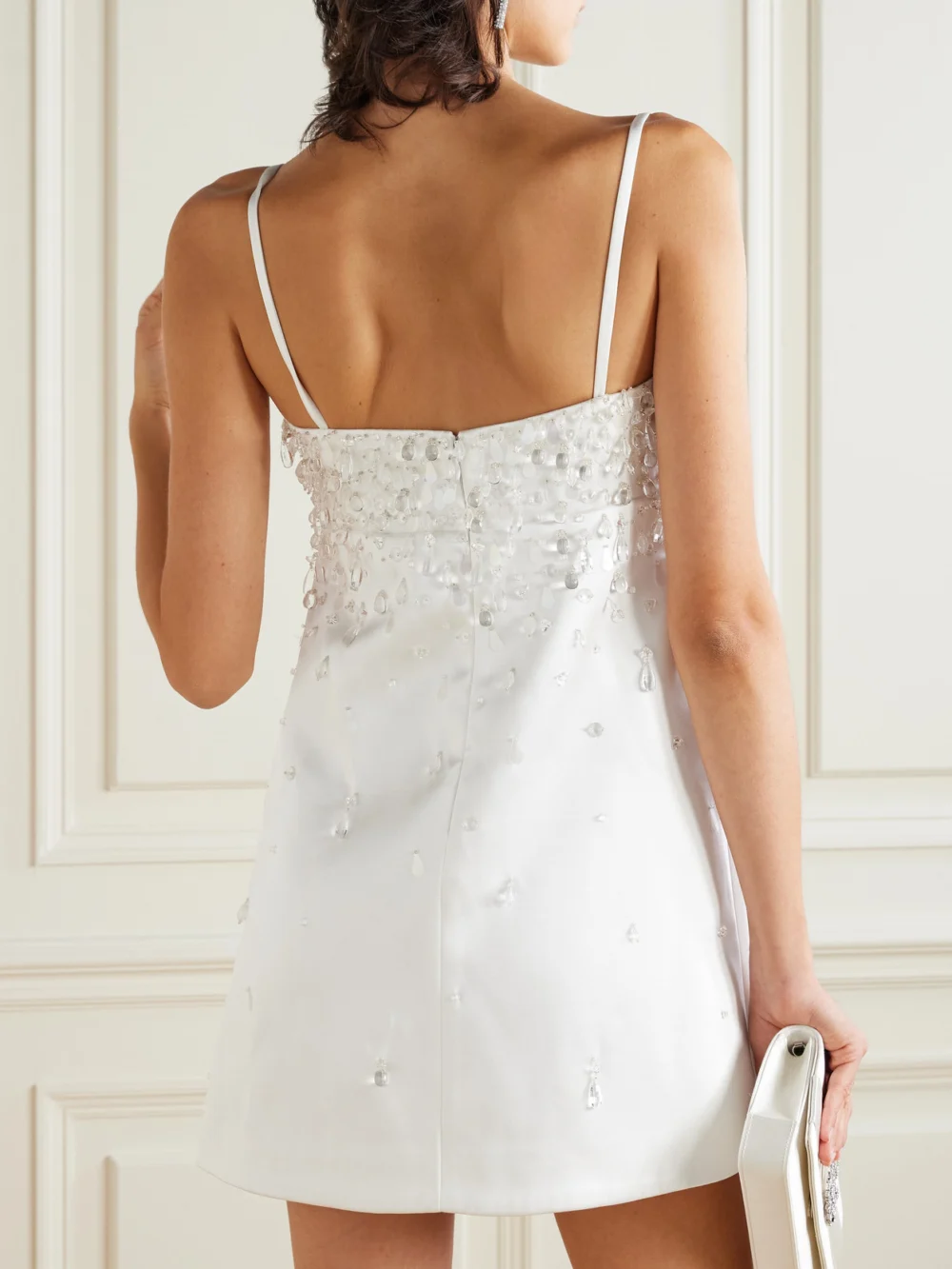 Back view of the Retrofête Cornelia Crystal-embellished Satin Mini Dress
