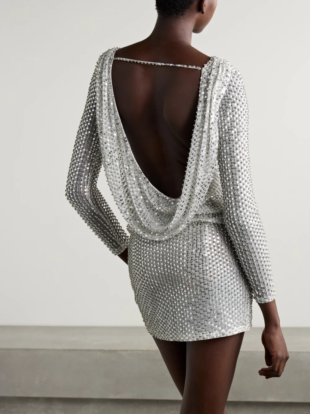 Back view of the Retrofête Danae Draped Embellished Tulle Mini Dress