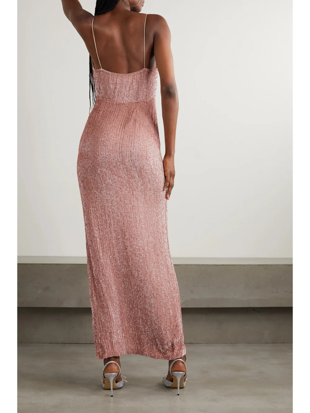Back view of the Retrofête Katya Draped Sequined Chiffon Gown