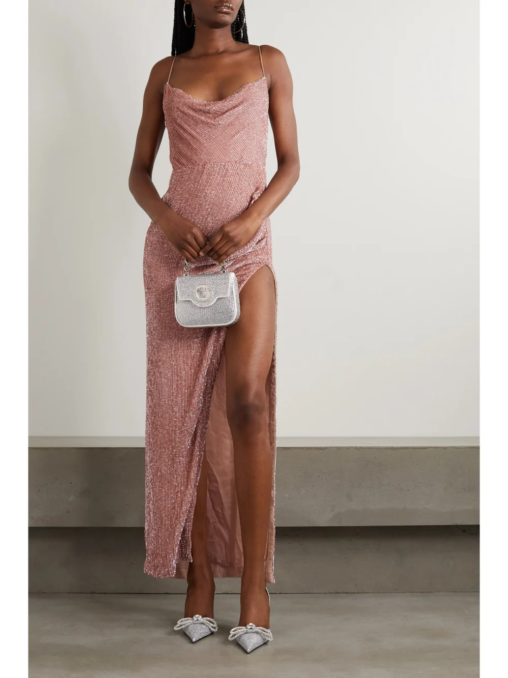Retrofête Katya Draped Sequined Chiffon Gown, worn by a model