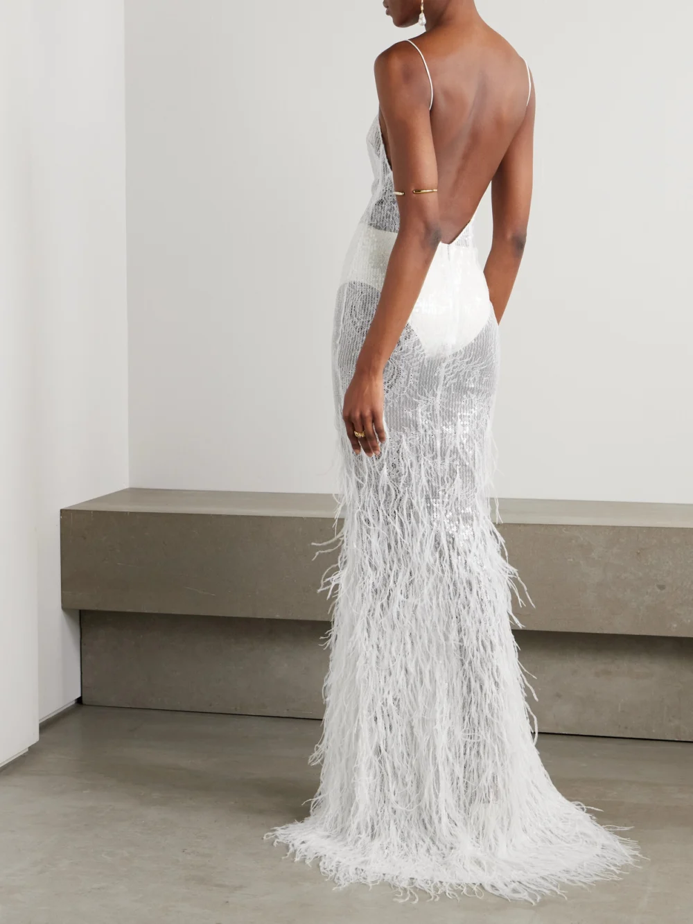 Back view of the Retrofête Odessa Feather-trimmed Sequined Lace Gown