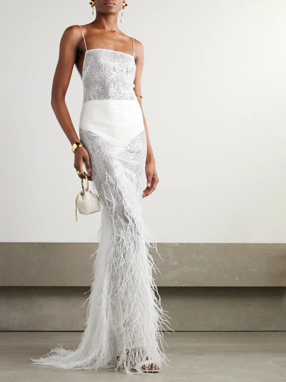 Retrofête Odessa Feather-trimmed Sequined Lace Gown, worn by a model