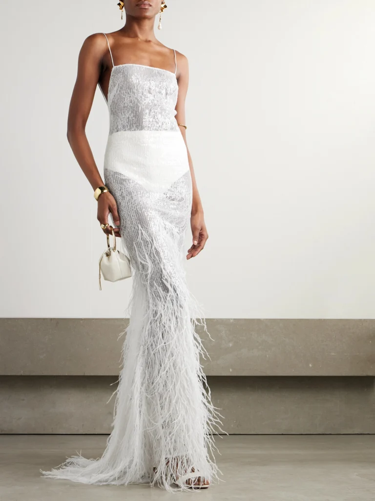 Retrofête Odessa Feather-trimmed Sequined Lace Gown