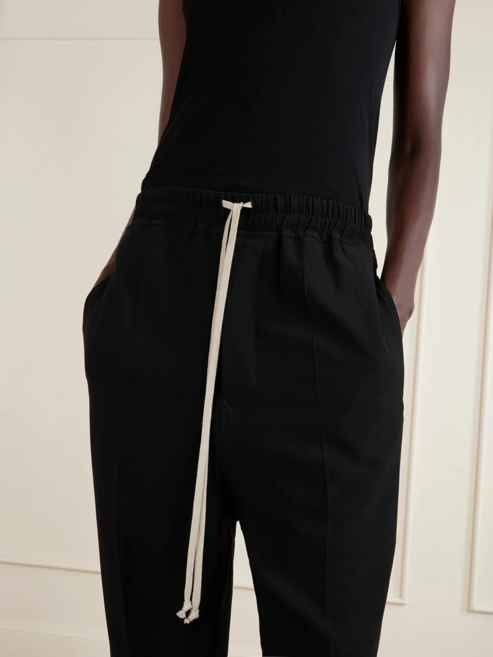 Close-up detail of the Rick Owens Astaires Cady Tapered Drawstring Pants