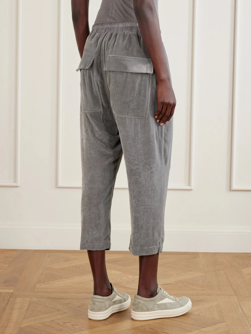 Back view of the Rick Owens Astaires Cropped Velvet Mid-rise Tapered Pants