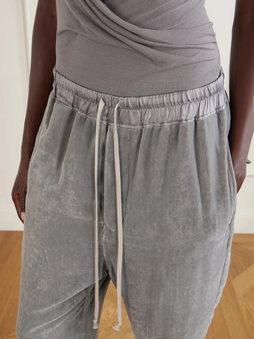 Close-up detail of the Rick Owens Astaires Cropped Velvet Mid-rise Tapered Pants