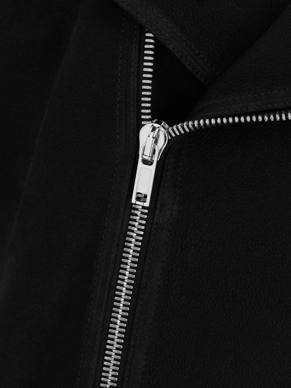 Close-up detail of the Rick Owens Belted Oversized Suede Biker Jacket