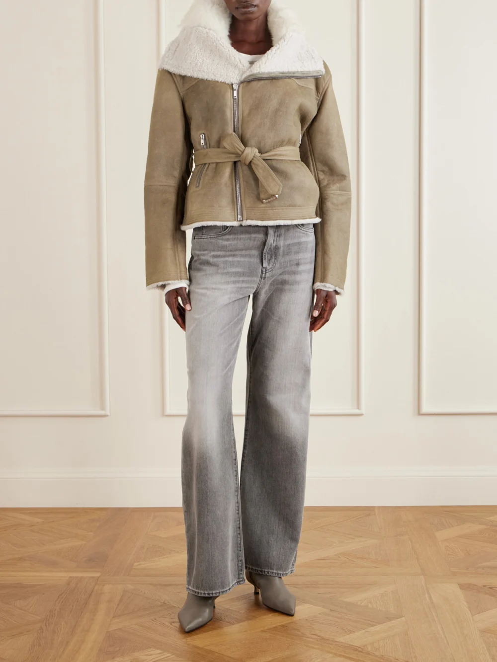 Rick Owens Belted Shearling-trimmed Suede Jacket, worn by a model