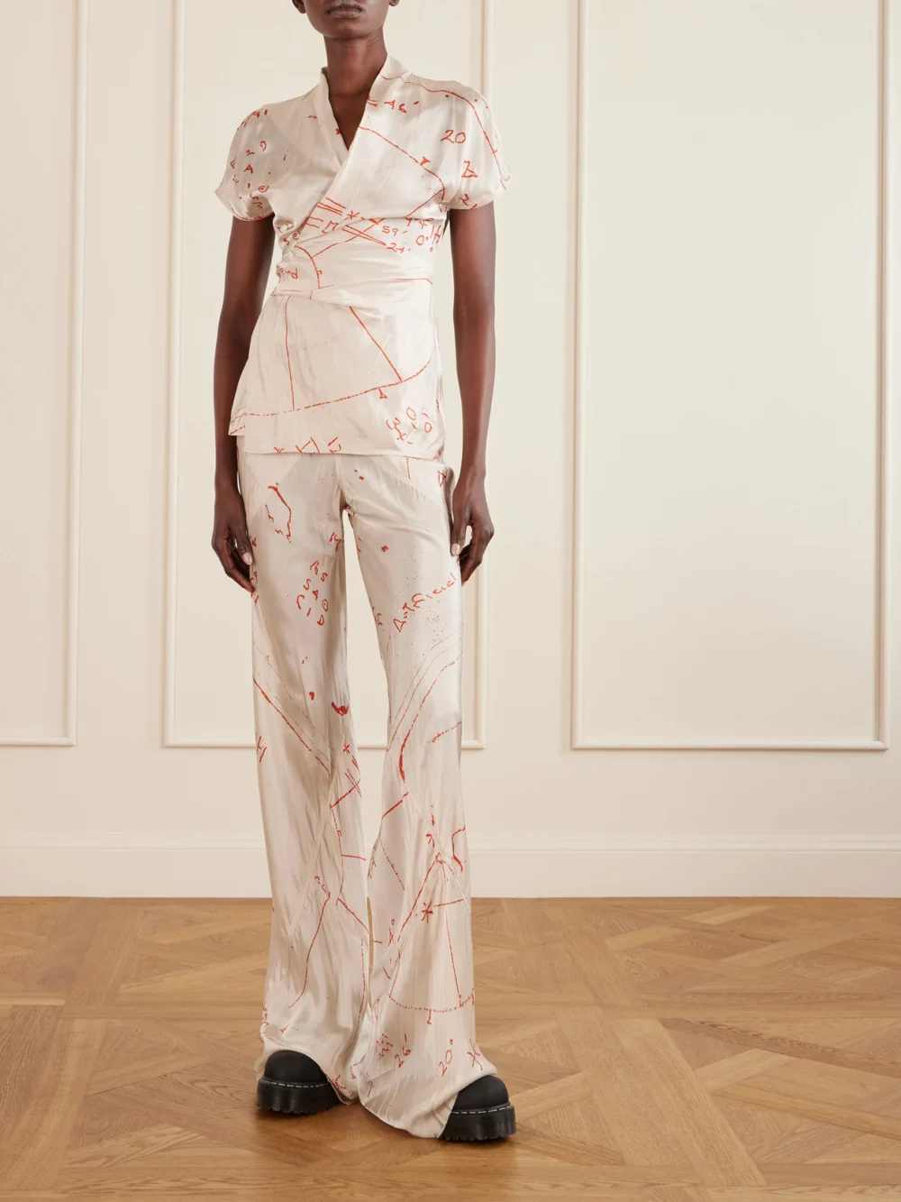 Rick Owens Bias Paneled Printed Satin Pants, worn by a model