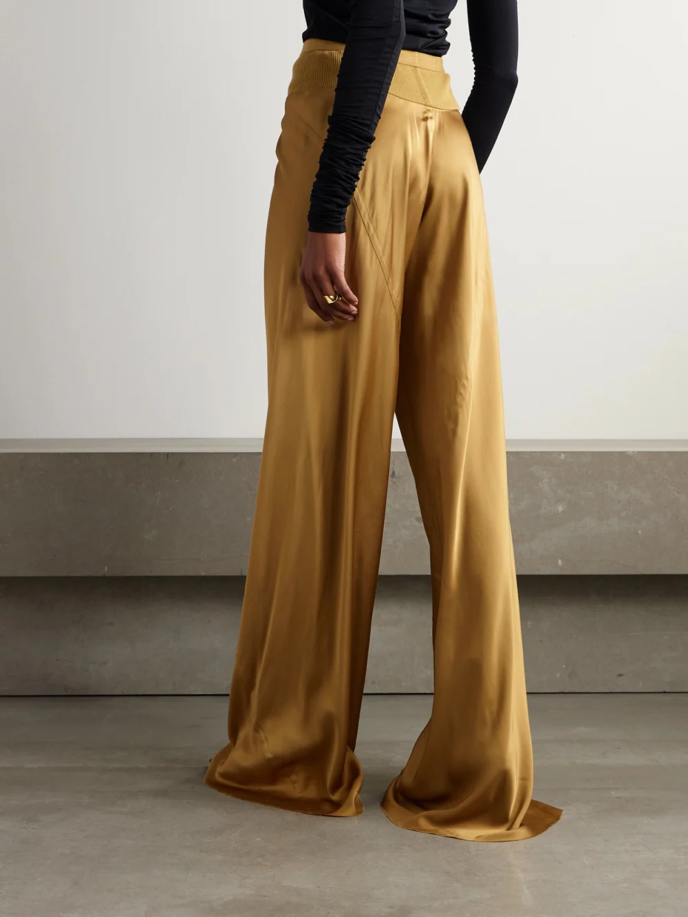Back view of the Rick Owens Bias Ribbed-knit Trimmed Satin Wide-leg Pants