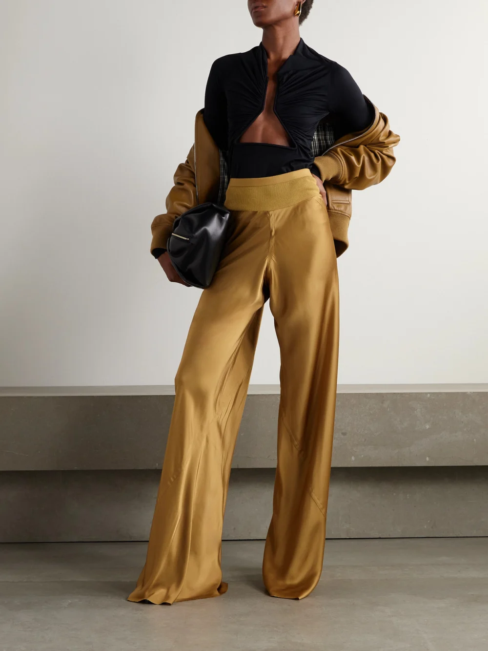 Rick Owens Bias Ribbed-knit Trimmed Satin Wide-leg Pants, worn by a model