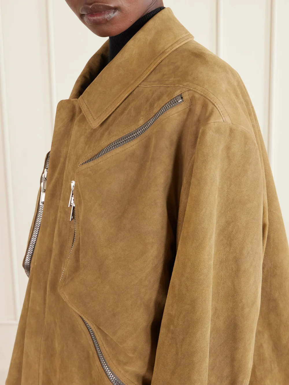 Close-up detail of the Rick Owens Blixa Mac Suede Jacket