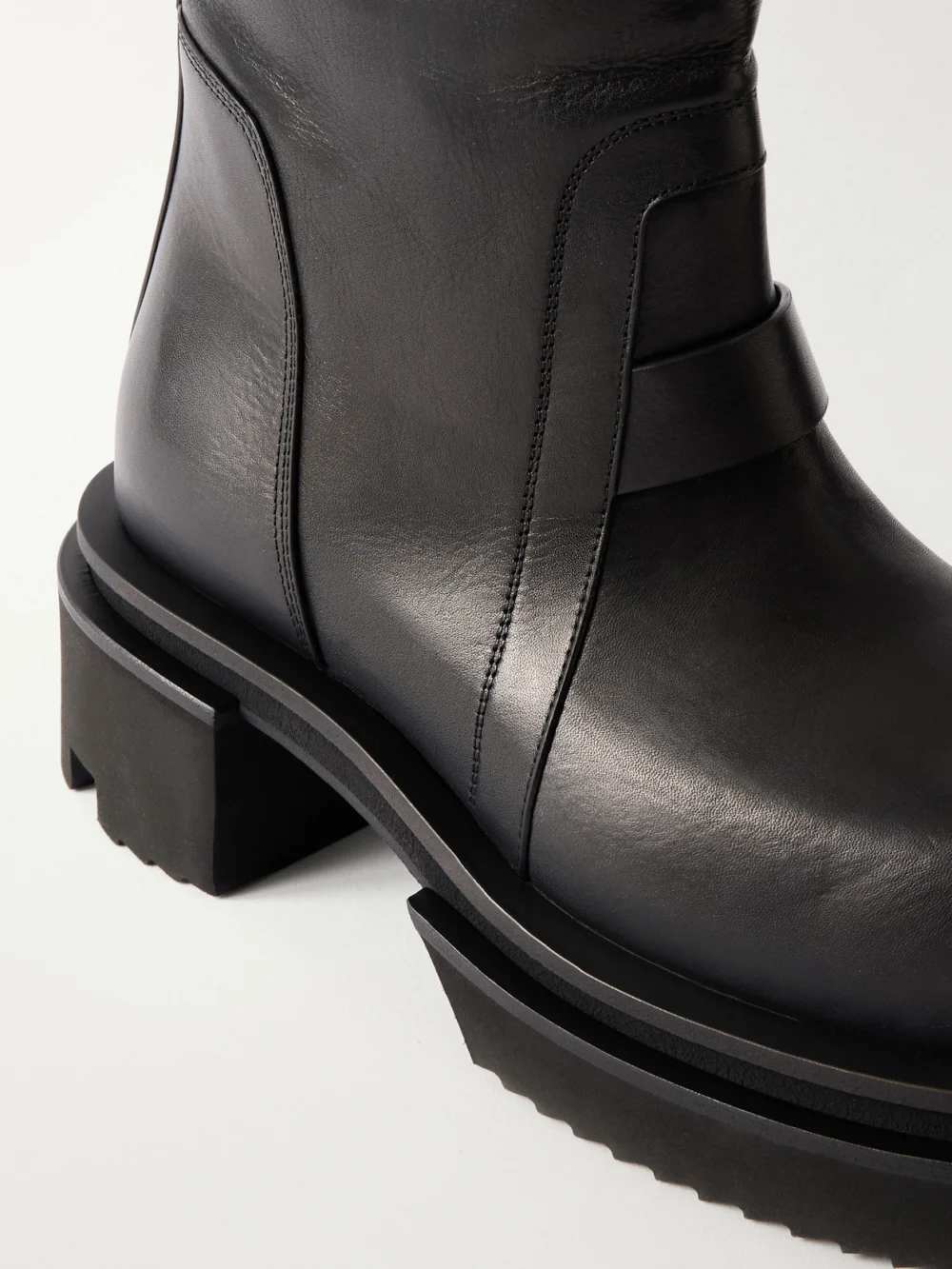 Close-up detail of the Rick Owens Bogun Leather Knee Boots