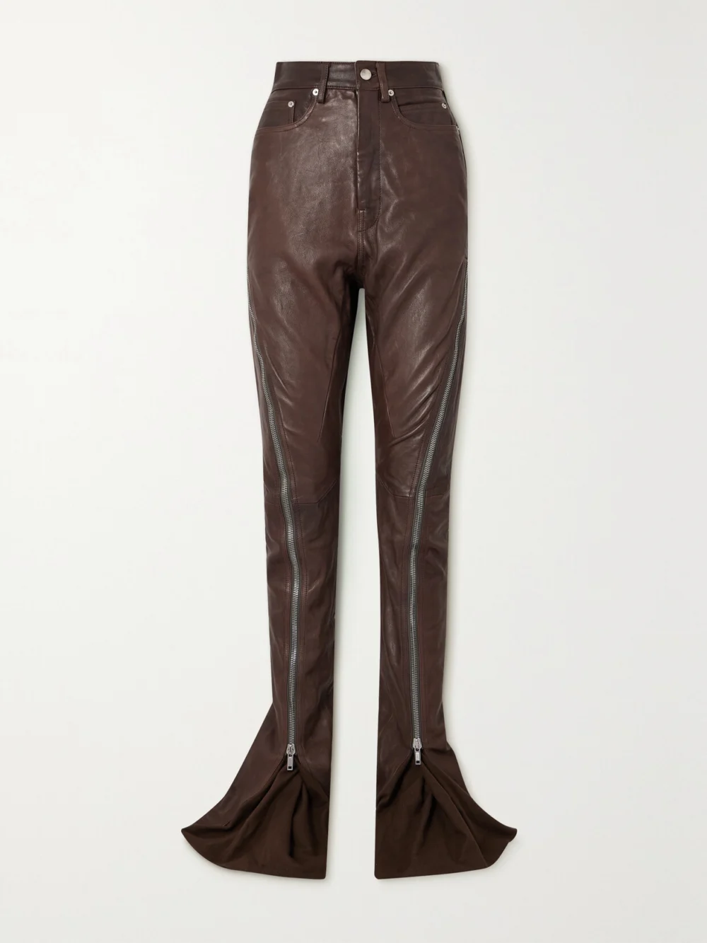 Rick Owens Bolan Banana Cotton-paneled Leather Flared Pants in brown