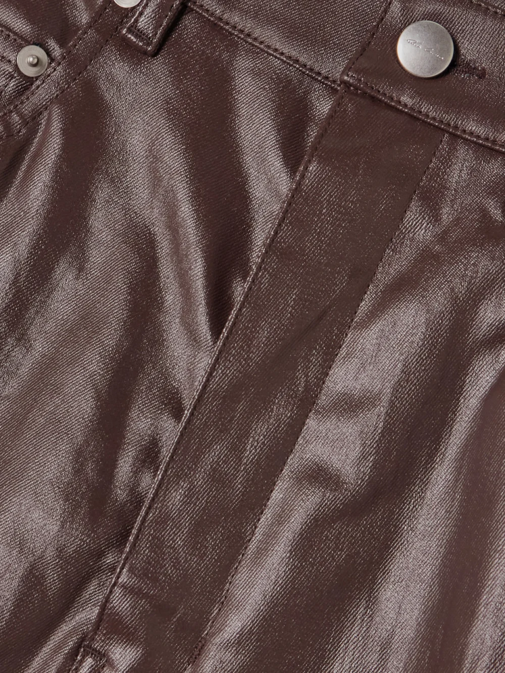 Close-up detail of the Rick Owens Bolan Coated High-rise Flared Jeans