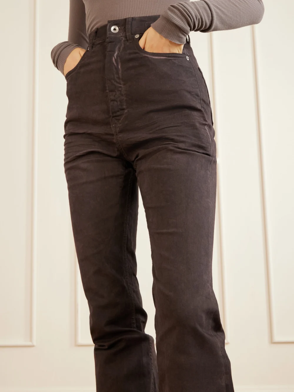 Close-up detail of the Rick Owens Bolan High-waist Flared Jeans