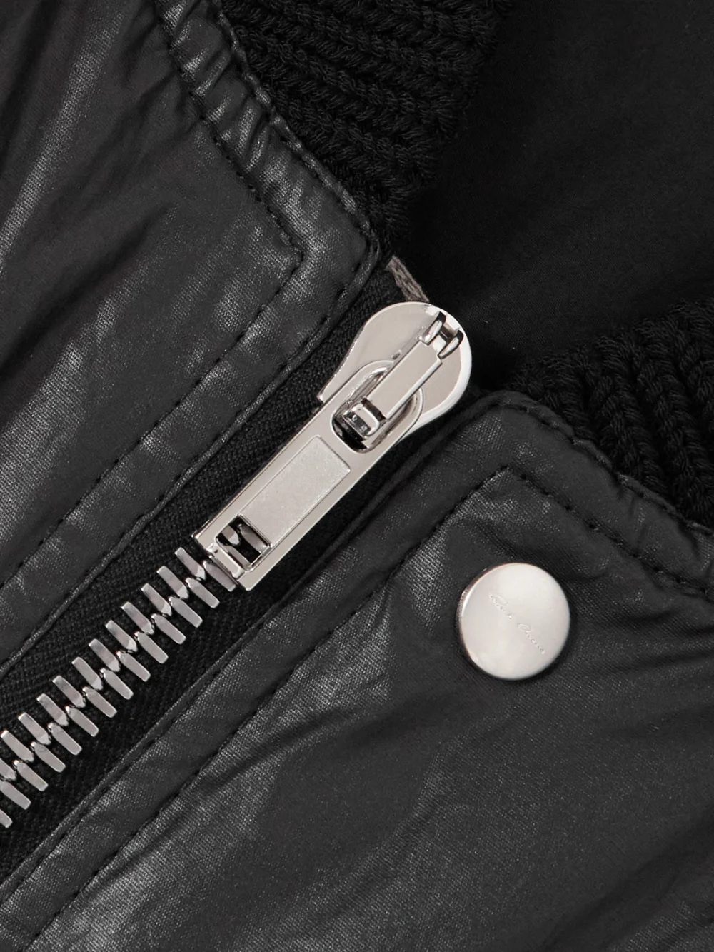 Close-up detail of the Rick Owens Cal Coated Cotton-blend Bomber Jacket