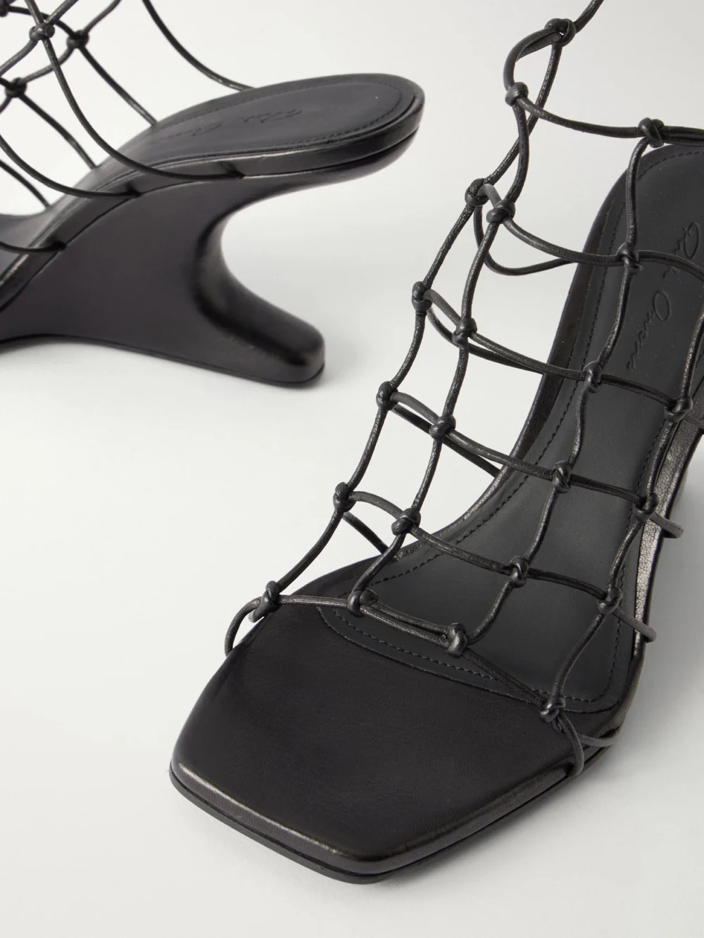 Close-up detail of the Rick Owens Cantilever 80 Leather Wedge Sandals