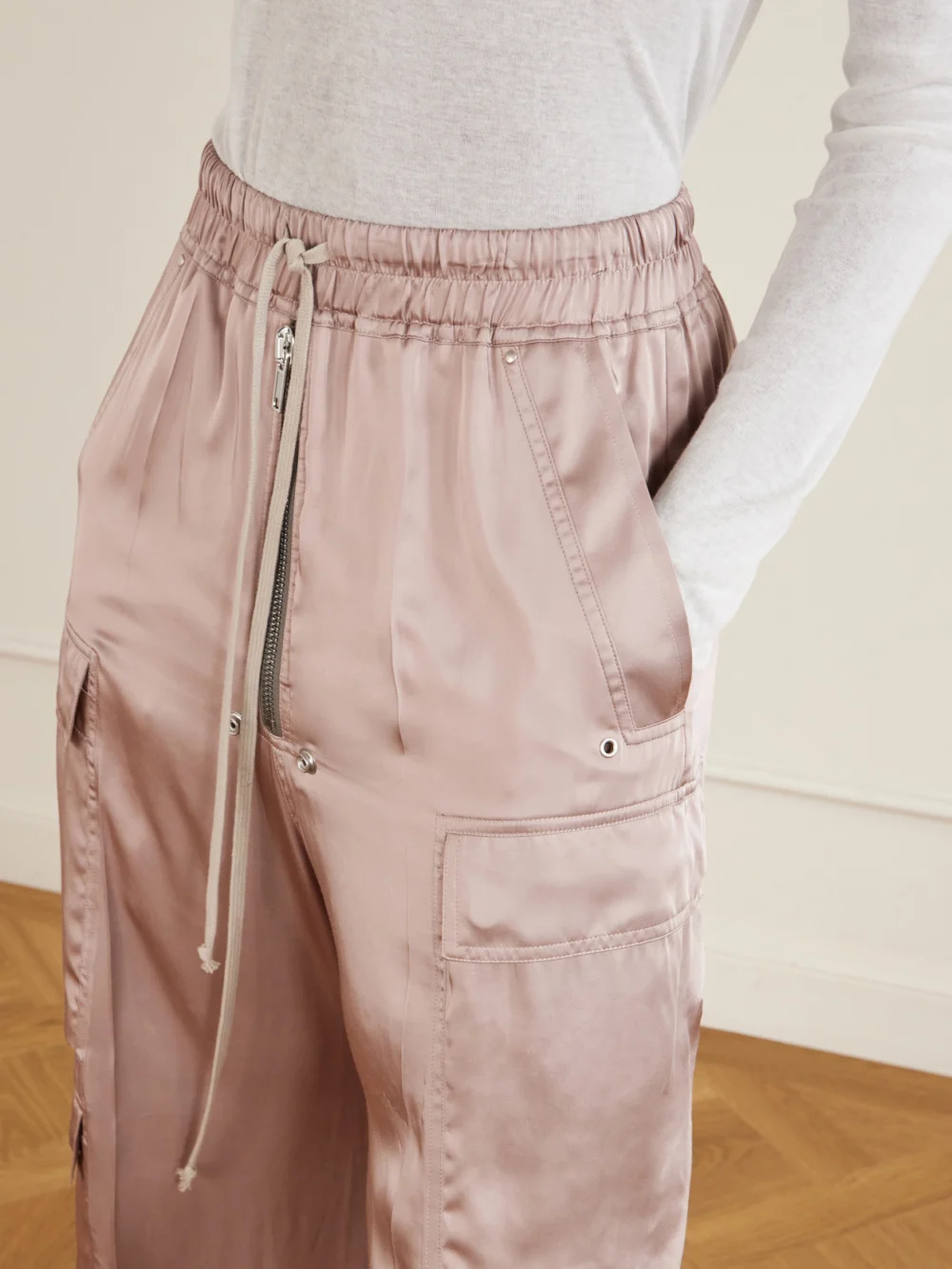Close-up detail of the Rick Owens Cargobelas Charmeuse Wide-leg Pants