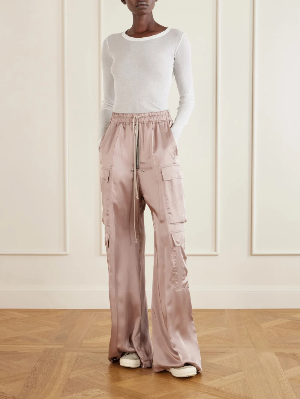 Rick Owens Cargobelas Charmeuse Wide-leg Pants, worn by a model